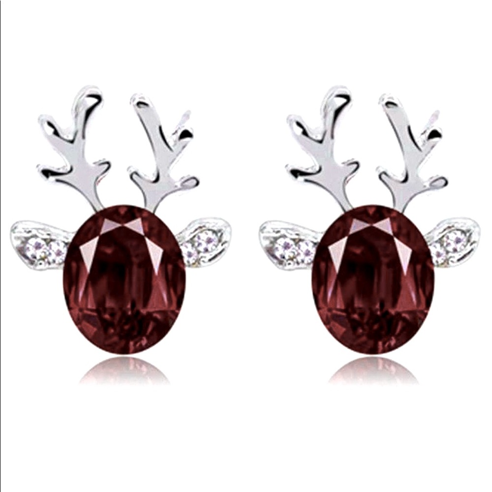 Reindeer Burgundy Crystal Holiday Earrings Silver - Picture 3 of 3